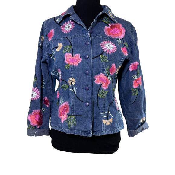 Ann Trinity Floral Embroidered Jacket‎ Size SMALL Linen Cotton Button Art Boho - Picture 1 of 9